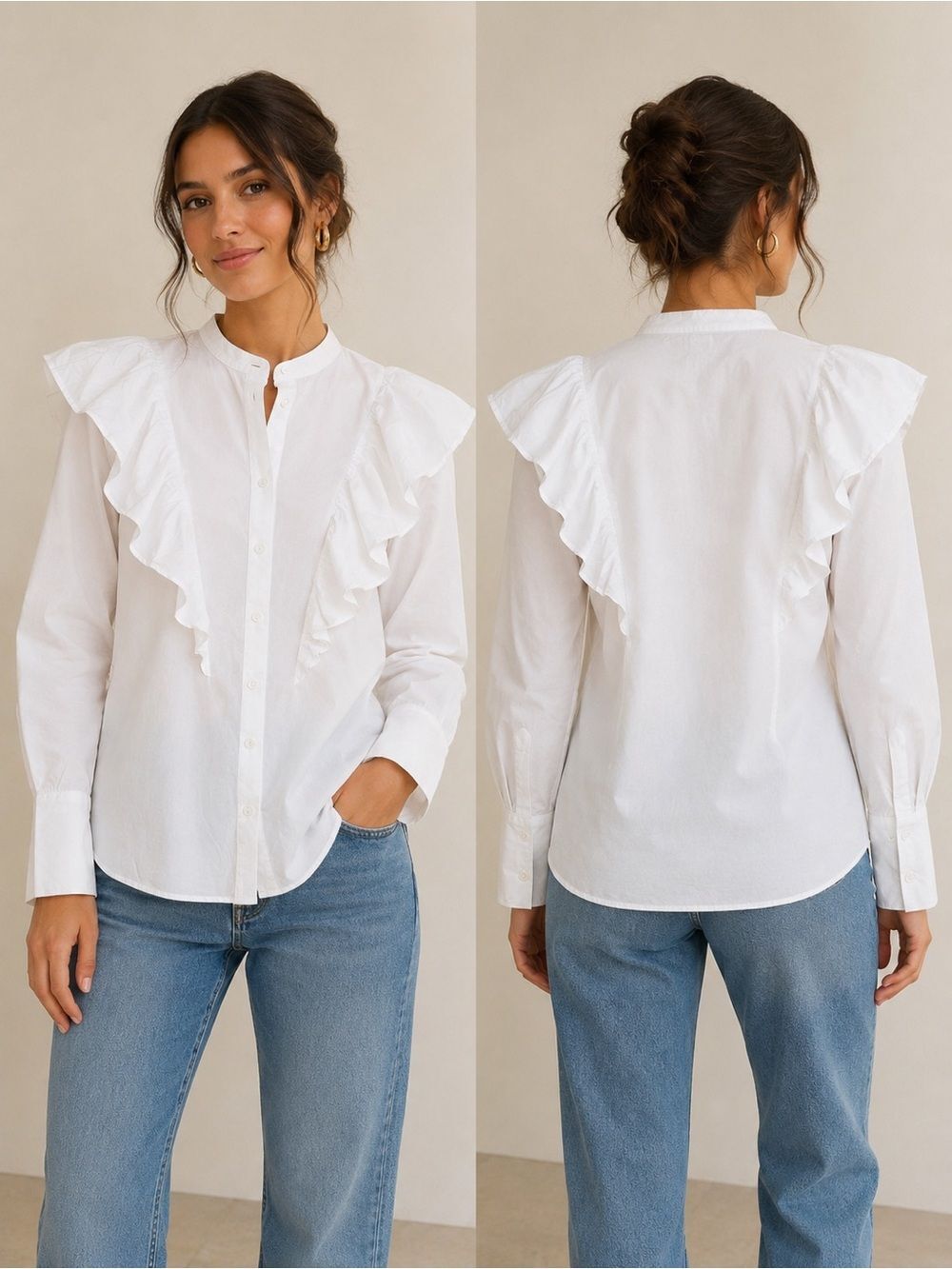 (A5)Zara long-sleeved white blouse with ruffles and buttons, XS,new without tags